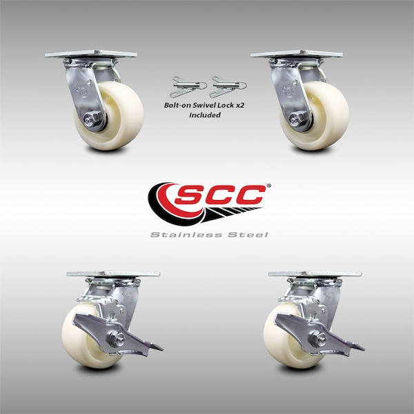 4 Inch Stainless Steel Nylon Caster Set with Ball Bearings 2 Swivel Lock 2 Brake